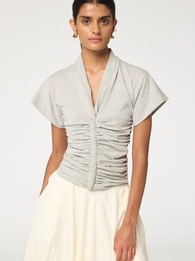 The Line by K Penelope V-Neck Short Sleeve Top in Light Gray